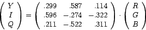 \begin{displaymath}
\left( \begin{array}{c}
Y\\
I\\
Q\\
\end{array} \right)
=...
...dot \left( \begin{array}{c}
R\\
G\\
B\\
\end{array} \right)
\end{displaymath}