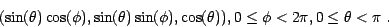 \begin{displaymath}
( \sin (\theta ) \cos ( \phi ), \sin (\theta ) \sin (\phi ), \cos
(\theta )), 0 \leq \phi < 2 \pi , 0 \leq \theta < \pi\ .
\end{displaymath}