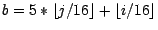 $b = 5 * \lfloor j/16 \rfloor
+ \lfloor i/16 \rfloor$
