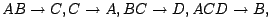 $AB \rightarrow C, C \rightarrow A, BC \rightarrow D, ACD
\rightarrow B,$