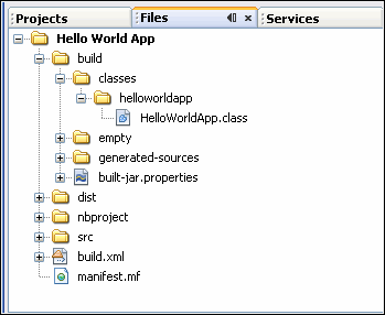 Files window, showing the generated .class file.