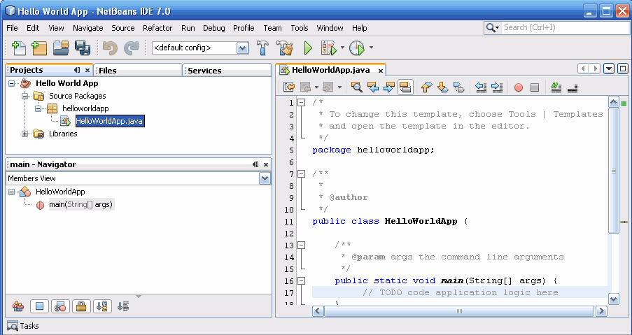 NetBeans IDE with the HelloWorldApp project open.