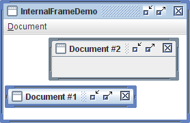 InternalFrameDemo has multiple internal frames, managed by a desktop pane