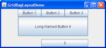 GridBagLayoutDemo with default weightx values and enlarged by the user.