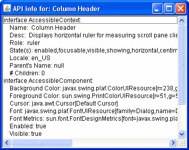 Accessibility API Panel for Column Header.