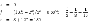 \begin{eqnarray*}
s&=& {0}\\
f&=& (13.5 - 2^{3})/2^{3} = 0.6875 = \frac{1}{2} + \frac{1}{8} + \frac{1}{16}\\
e&=&3 + 127 = 130 \\
\end{eqnarray*}