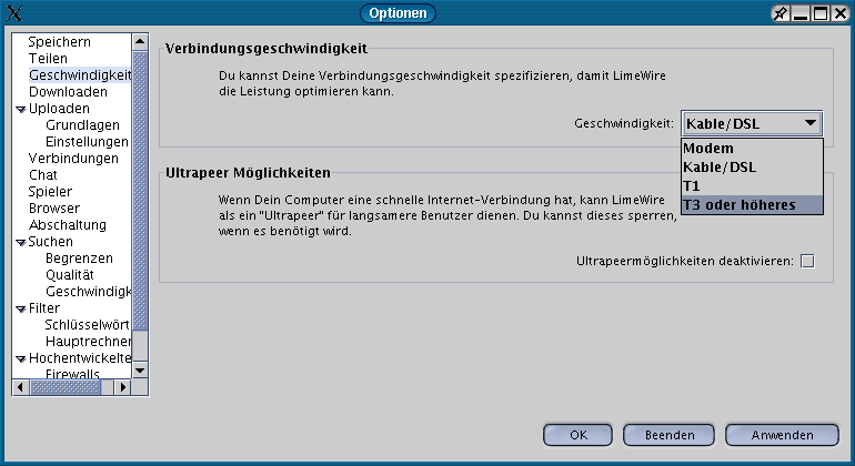 Einstellungen der Geschwindigkeit