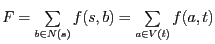 $F =\sum\limits_{b\in N(s)} f(s,b)=
\sum\limits_{a\in V(t)} f(a,t)$