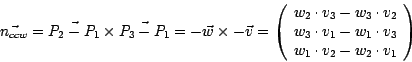 \begin{displaymath}
\vec{n_{ccw}} = \vec{P_{2}-P_{1}}\times \vec{P_{3}-P_{1}} = ...
...3}\\
w_{1} \cdot v_{2} - w_{2} \cdot v_{1}
\end{array}\right)
\end{displaymath}