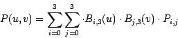 \begin{displaymath}P(u,v)=\sum_{i=0}^{3} \sum_{j=0}^{3} \cdot {B_{i,3}(u)\cdot B_{j,3}(v)
\cdot P_{i,j}}\end{displaymath}