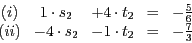 \begin{displaymath}
\begin{array}{ccccc}
\left(i\right) & 1\cdot s_{2} & +4\cdot...
... & -4\cdot s_{2} & -1\cdot t_{2} & = & -\frac{7}{3}
\end{array}\end{displaymath}