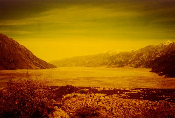 Mountain range through yellow filter